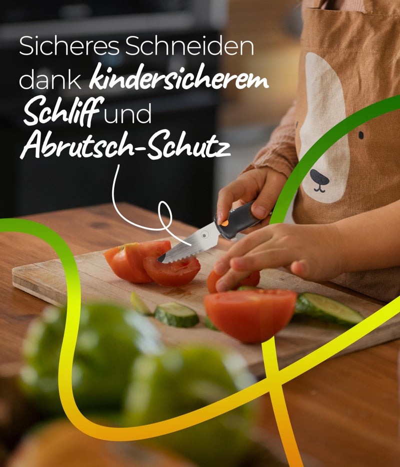 Kuhn Rikon KinderkitchenÂ® Kids Chef Knife Set 6", 2 Pieces, Black/Orange | Straight Edge & Serrated Knife | Cutting Tool Made for Real Cooking | Child Friendly Dog Design With Hand Guard For Safety - Image 4